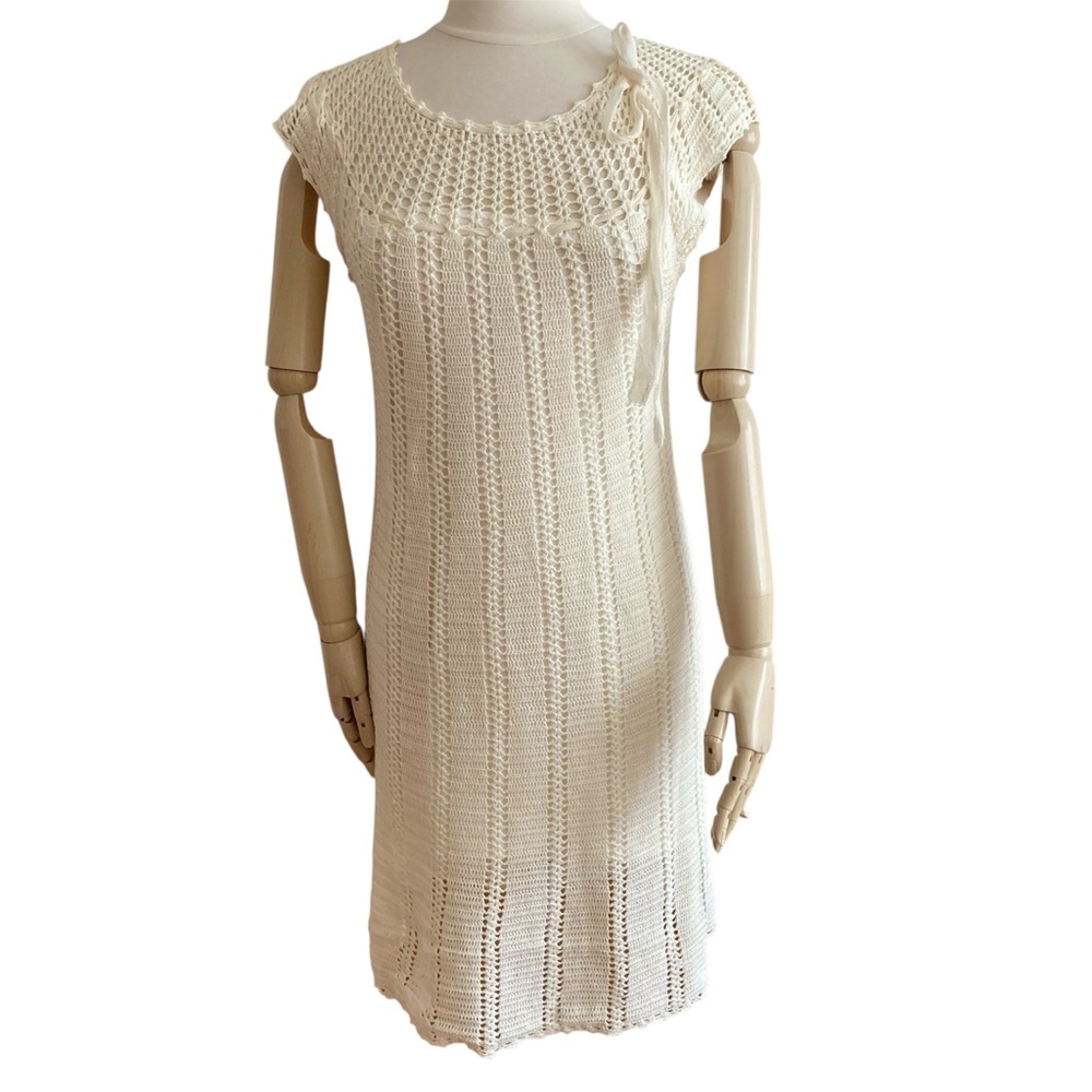 BCBG MAX AZRIA | Ivory Knit Crochet Midi Dress | Sleeveless | Size M